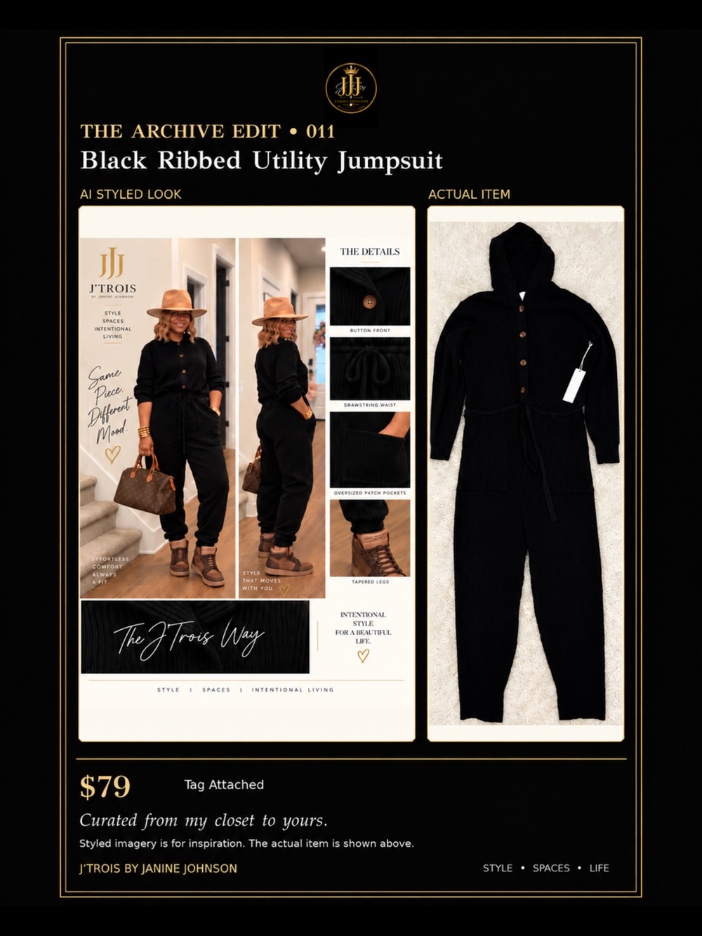 J'Trois Black Ribbed Hooded Utility Jumpsuit